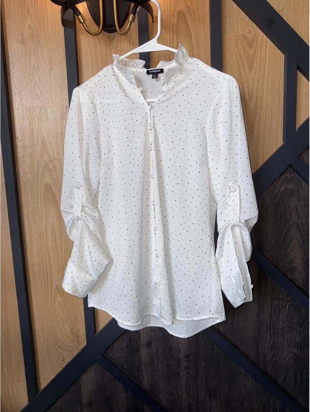Express Slim Polka Dot Ruffle Neck Blouse
